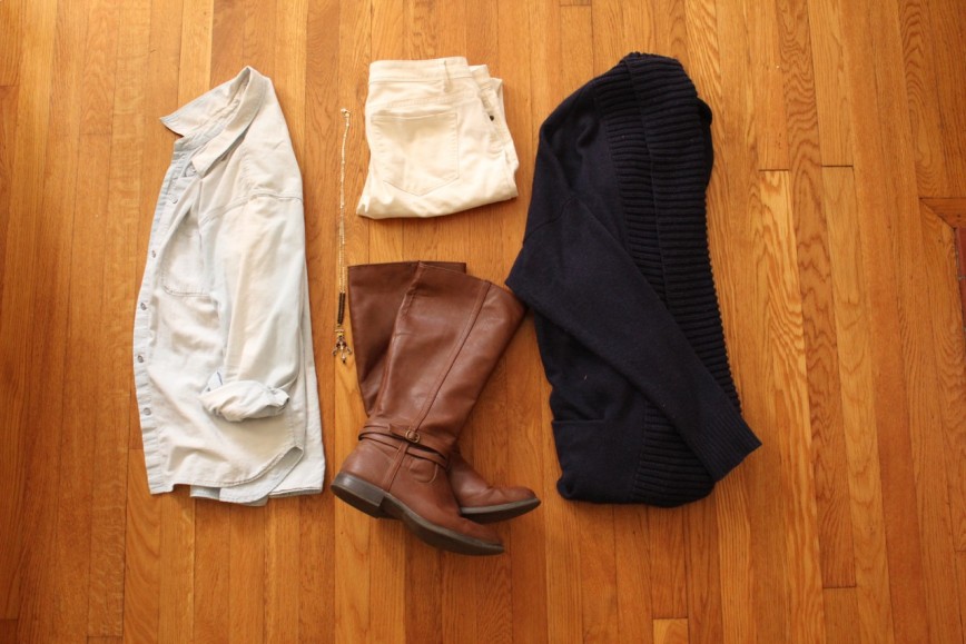 Fall Outfit Essentials - chambray shirt, white jeans, navy cardigan, calf-length boots, pendant