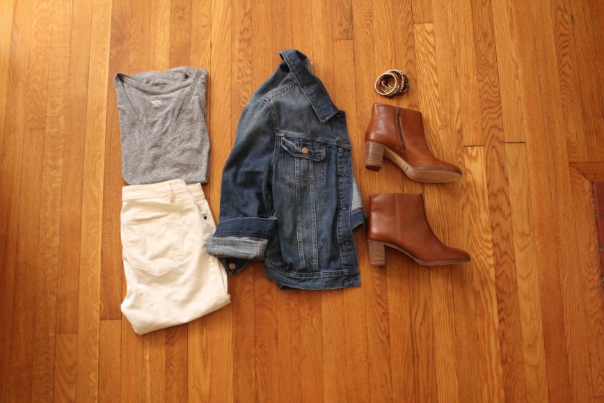 Fall Outfit Essentials - gray tee, white jeans, denim jacket, bracelets, ankle boots