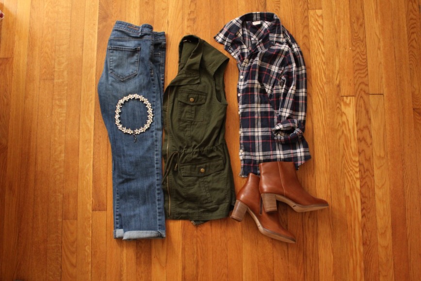 Fall Outfit Essentials - boyfriend jeans, statement necklace, cargo vest, plaid button-down, ankle boots