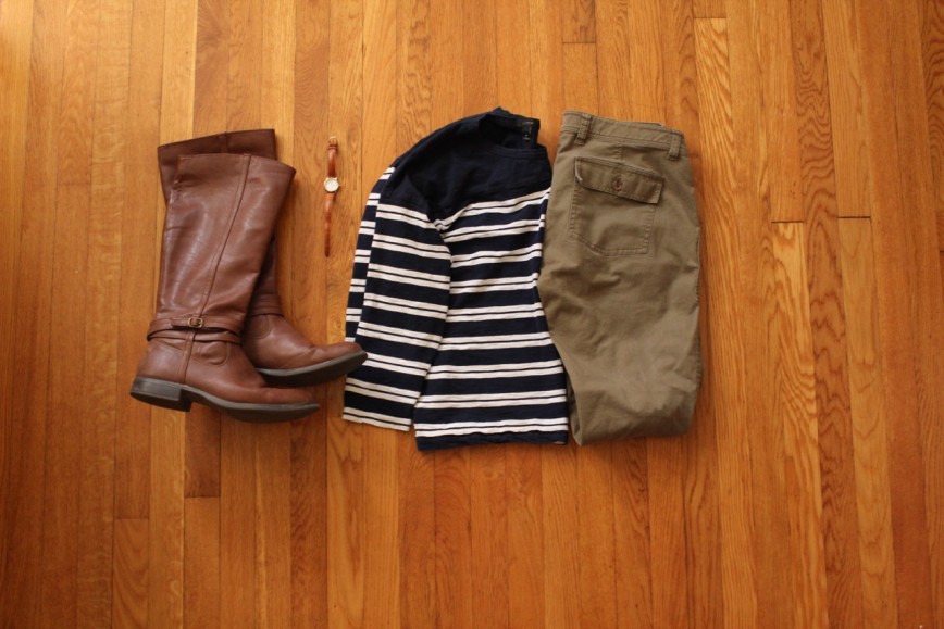 Fall Outfit Essentials - calf-length boots, striped boatneck tee, army green pants, watch