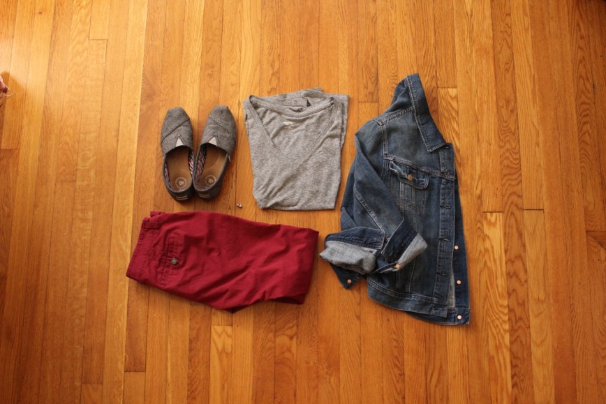 Fall Outfit Essentials - cranberry cropped pants, gray tee, denim jacket, TOMS, knot studs