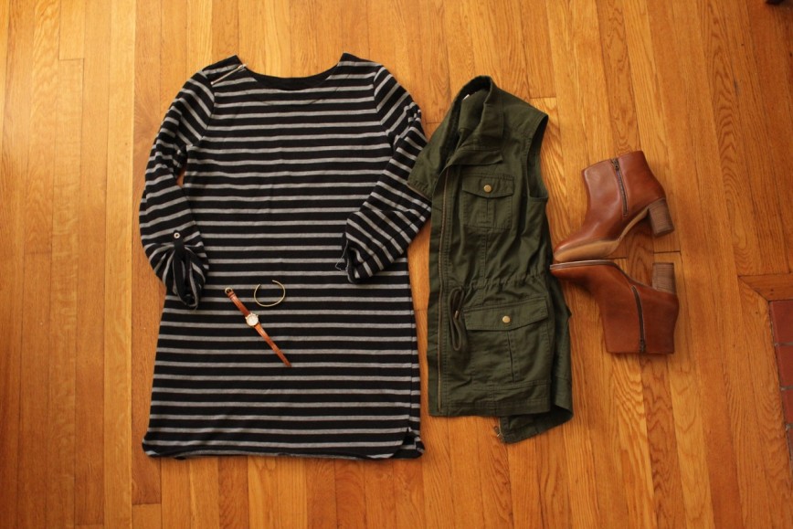 Fall Outfit Essentials - striped boatneck dress, watch, cargo vest, ankle boots