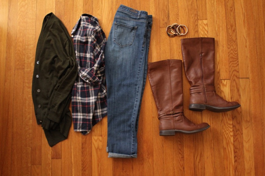 Fall Outfit Essentials - cardigan, plaid button-down, boyfriend jeans, calf-length boots, bracelets