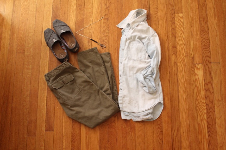 Fall Outfit Essentials - army green pants, chambray shirt, TOMS, pendant