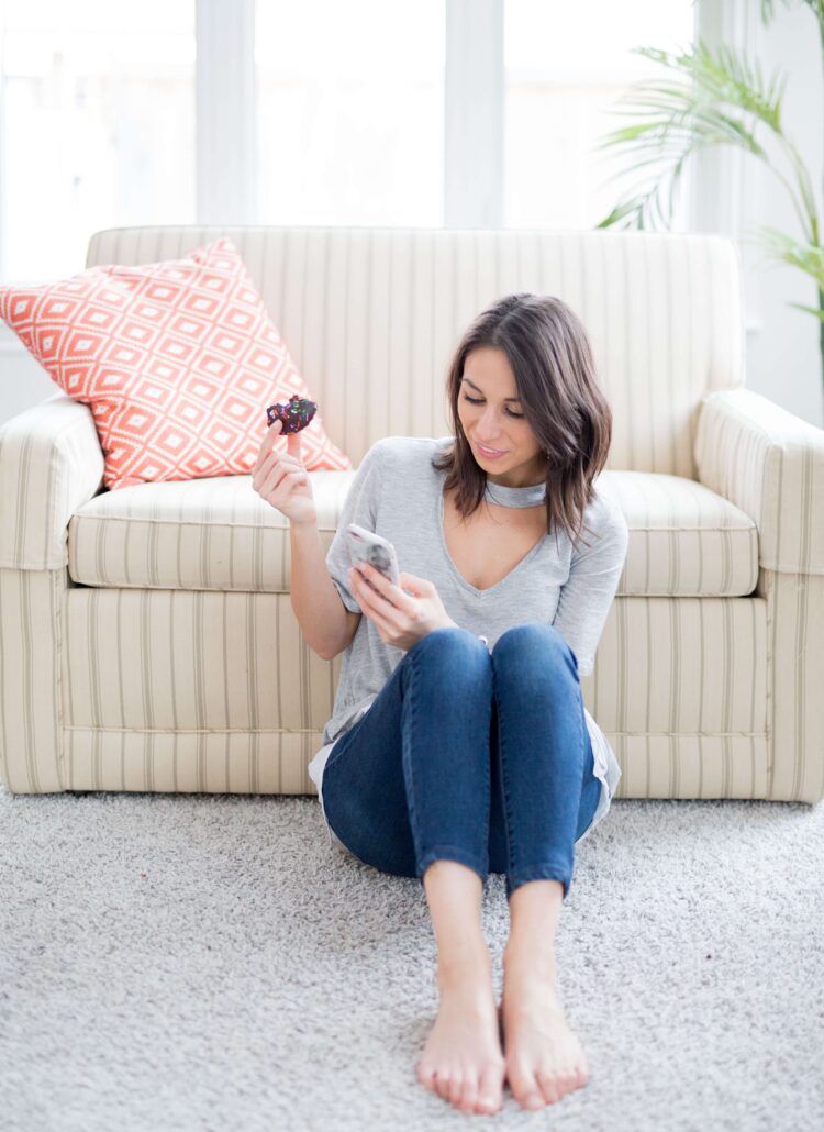 mom in living room on phone