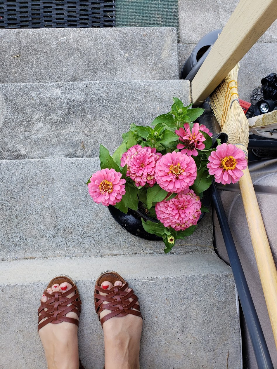 Woman wearing huarache sandals sits on steps next to pink zinnias.