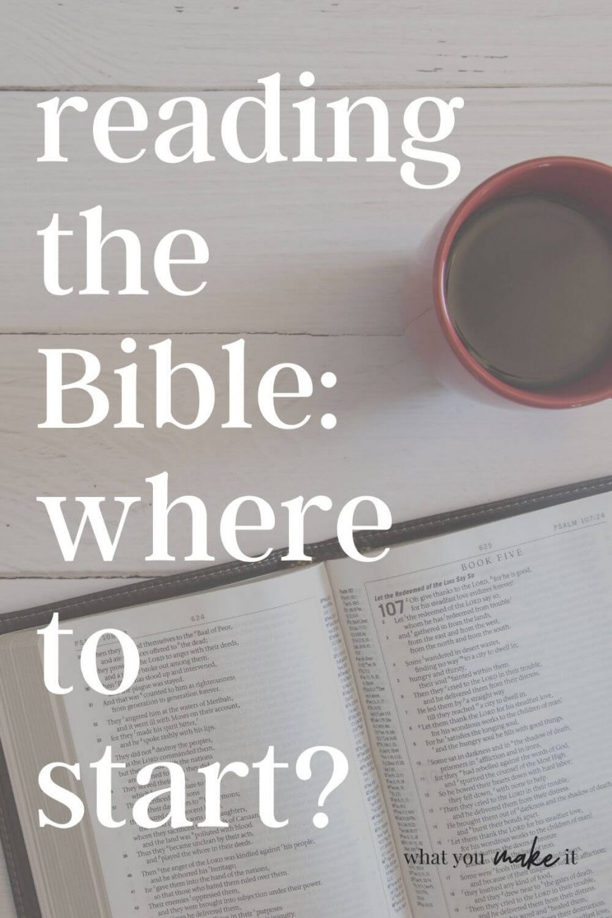 reading the Bible - where to start? (text) with open Bible next to mug