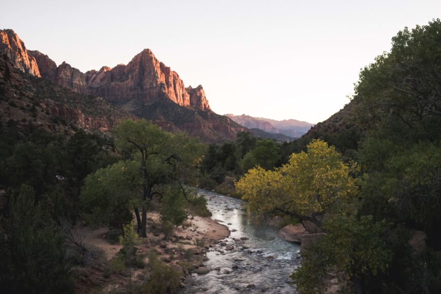 stream through greenery with mountains in the background